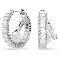 Ariana Grande x Swarovski hoop earrings, Crystal pearl, Baguette cut, White, Rhodium plated by SWAROVSKI