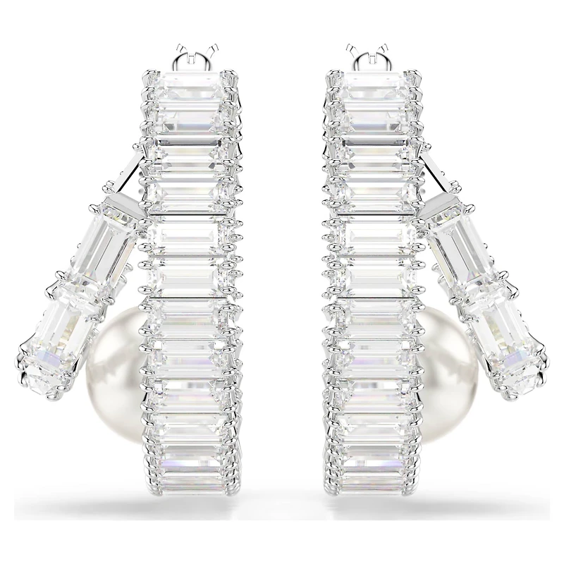 Ariana Grande x Swarovski hoop earrings, Crystal pearl, Baguette cut, White, Rhodium plated by SWAROVSKI