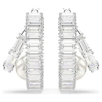 Ariana Grande x Swarovski hoop earrings, Crystal pearl, Baguette cut, White, Rhodium plated by SWAROVSKI