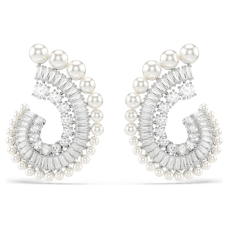 Ariana Grande x Swarovski drop earrings, Crystal Pearl, Mixed cuts, White, Rhodium plated by SWAROVSKI