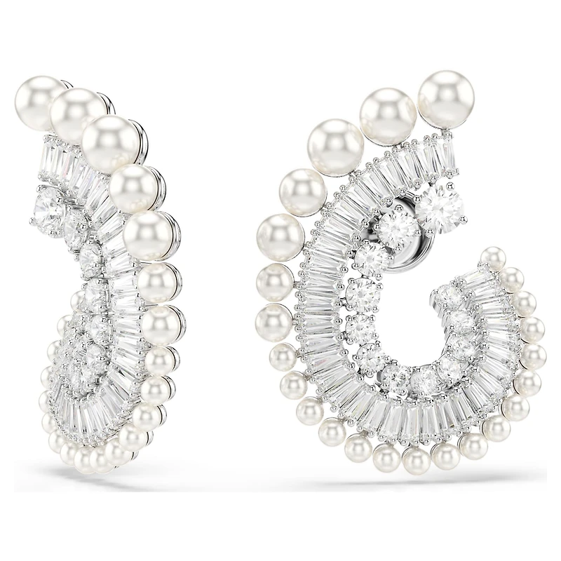 Ariana Grande x Swarovski drop earrings, Crystal Pearl, Mixed cuts, White, Rhodium plated by SWAROVSKI