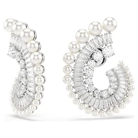 Ariana Grande x Swarovski drop earrings, Crystal Pearl, Mixed cuts, White, Rhodium plated by SWAROVSKI
