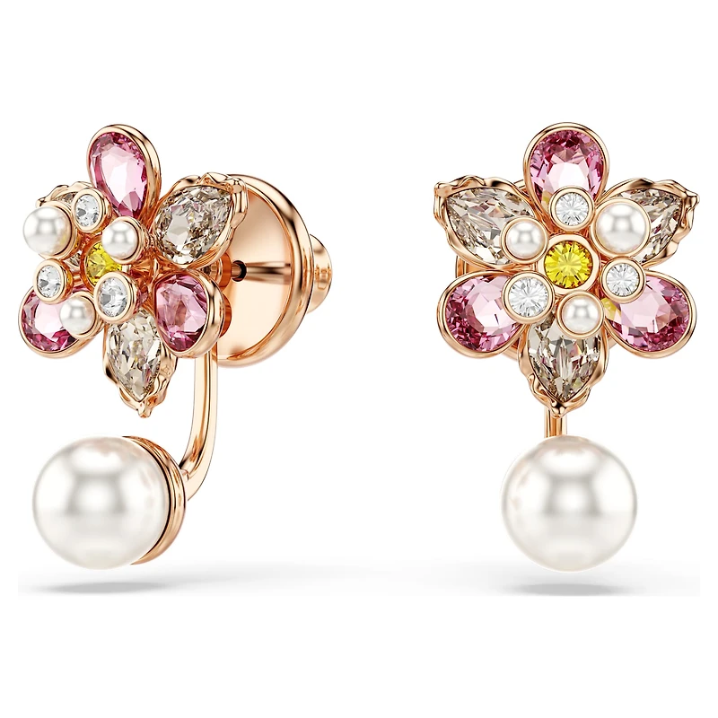 Idyllia earring jackets, Crystal pearl, Mixed cuts, Flower, Multicoloured, Rose gold-tone plated by SWAROVSKI