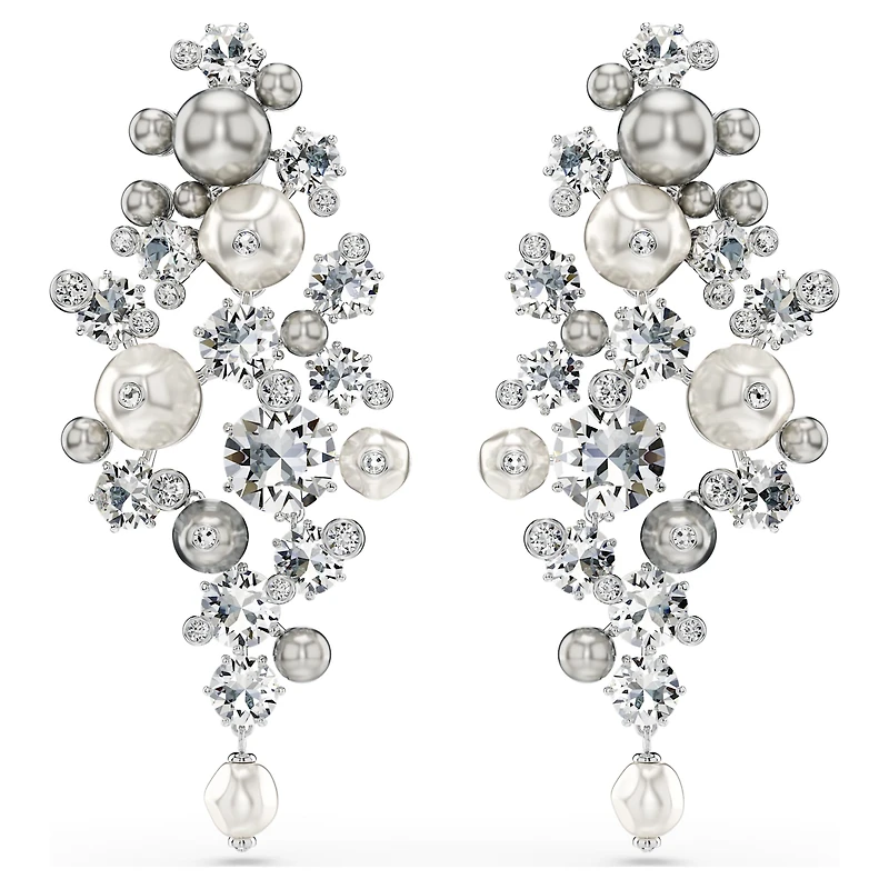Constella earrings, Crystal pearl, Round cut, White, Rhodium plated by SWAROVSKI