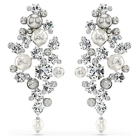 Constella earrings, Crystal pearl, Round cut, White, Rhodium plated by SWAROVSKI