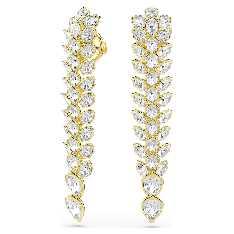 Idyllia drop earrings, Mixed cuts, Long, White, Gold-tone plated by SWAROVSKI
