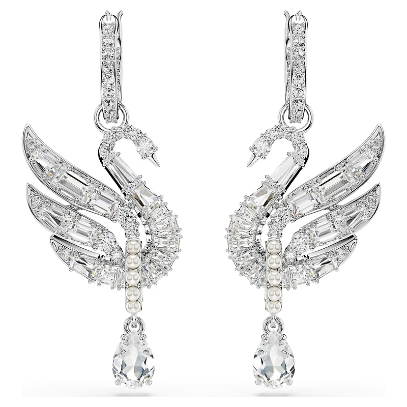 Swan earrings, Swan, White, Rhodium plated by SWAROVSKI
