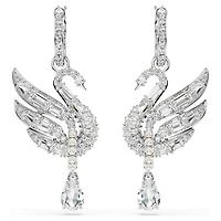 Swan earrings, Swan, White, Rhodium plated by SWAROVSKI