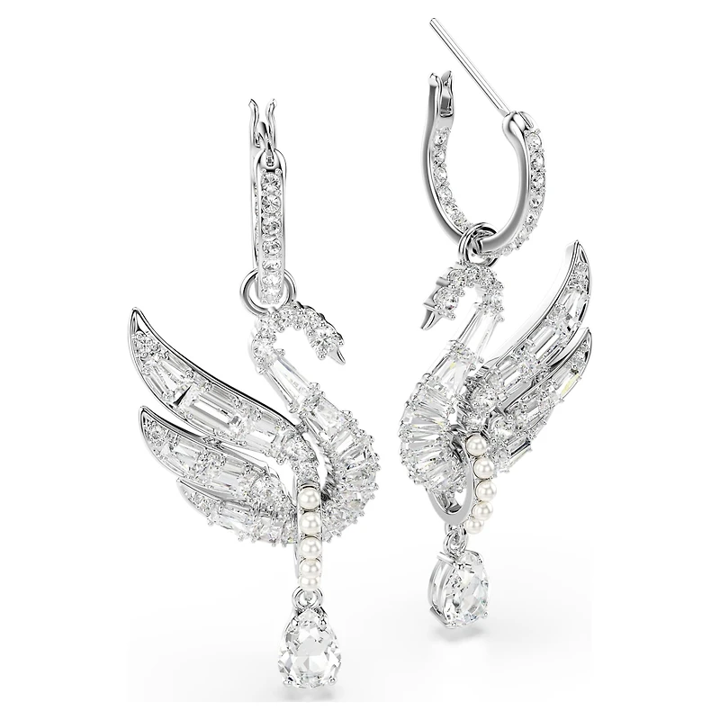 Swan earrings, Swan, White, Rhodium plated by SWAROVSKI