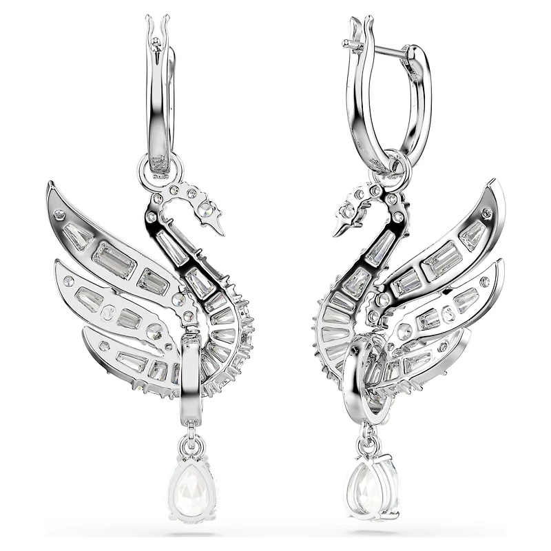 Swan earrings, Swan, White, Rhodium plated by SWAROVSKI