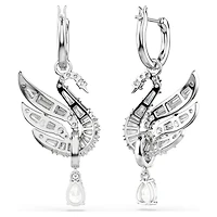 Swan earrings, Swan, White, Rhodium plated by SWAROVSKI