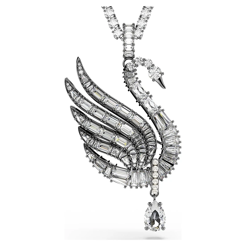Swan pendant and brooch, Swan, White, Ruthenium plated by SWAROVSKI