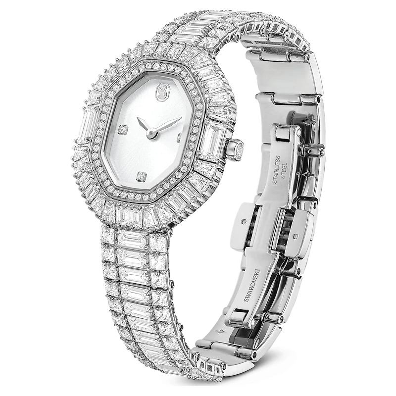 Matrix octagon watch, Baguette cut, Metal bracelet, Silver tone, Stainless steel by SWAROVSKI