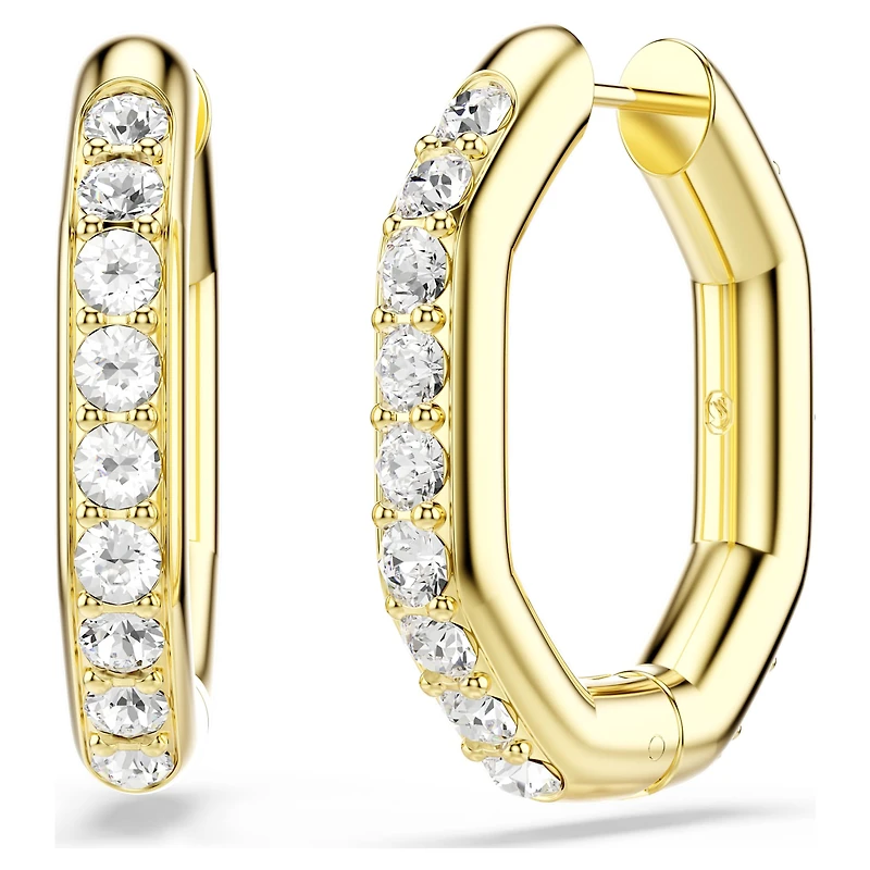 Dextera hoop earrings, Octagon shape, Round cut, Medium, White, Gold-tone plated by SWAROVSKI