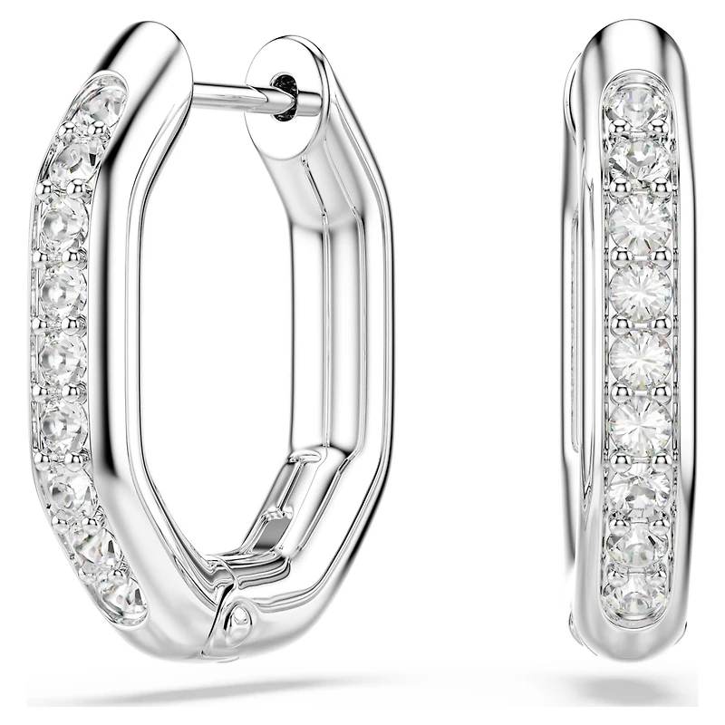Dextera hoop earrings, Octagon shape, Round cut, White, Rhodium plated by SWAROVSKI