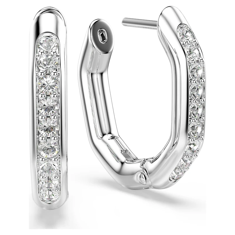 Dextera hoop earrings, Octagon shape, Round cut, White, Rhodium plated by SWAROVSKI