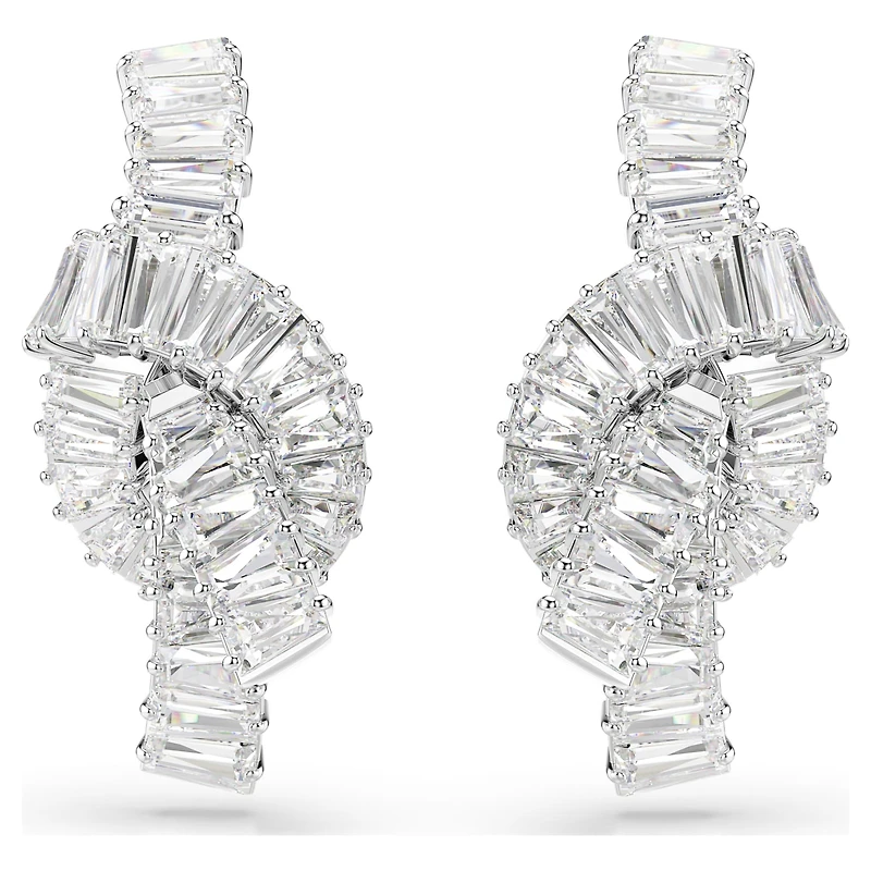 Matrix earrings, Baguette cut, Knot, White, Rhodium plated by SWAROVSKI