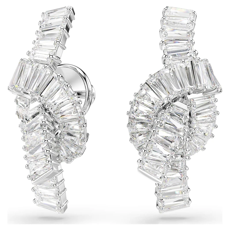 Matrix earrings, Baguette cut, Knot, White, Rhodium plated by SWAROVSKI