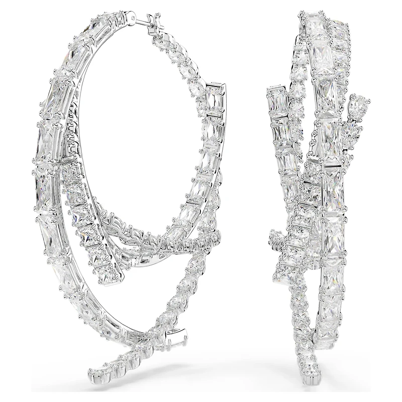 Matrix hoop earrings, Mixed cuts, White, Rhodium plated by SWAROVSKI