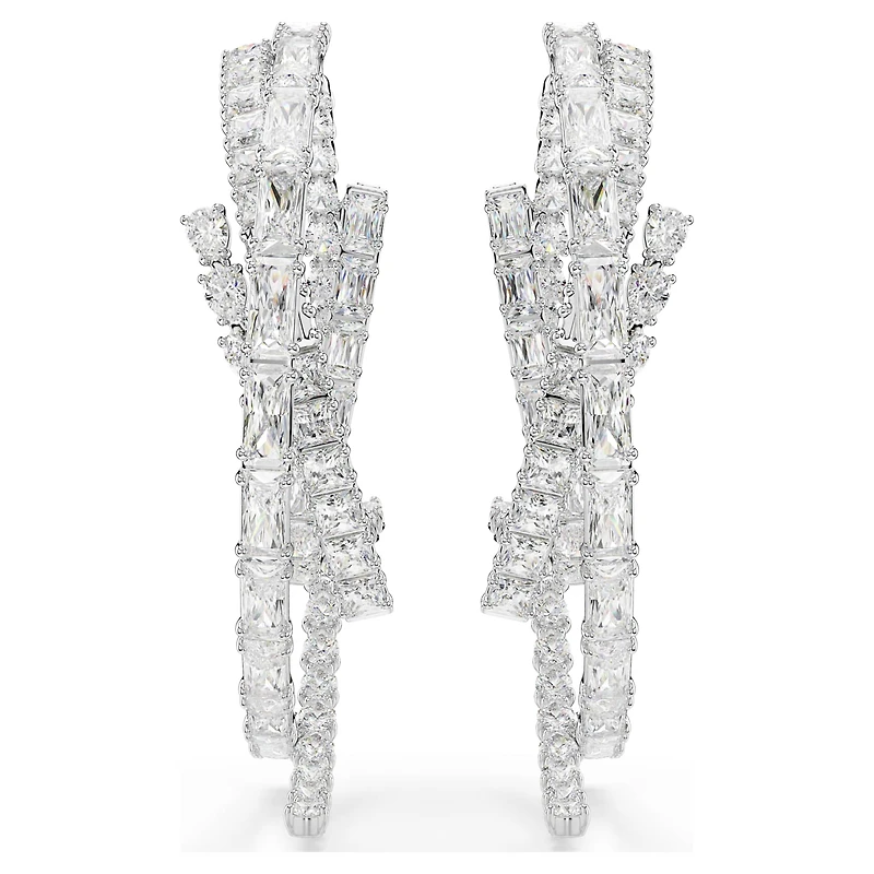 Matrix hoop earrings, Mixed cuts, White, Rhodium plated by SWAROVSKI