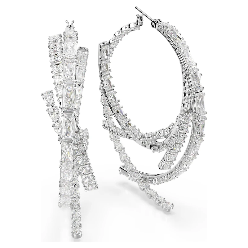 Matrix hoop earrings, Mixed cuts, White, Rhodium plated by SWAROVSKI