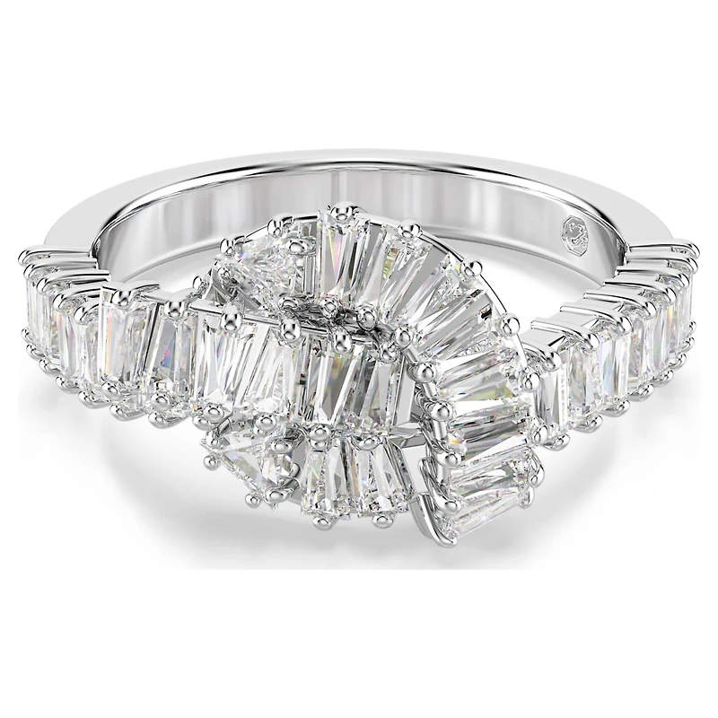 Matrix ring, Baguette cut, Knot, White, Rhodium plated by SWAROVSKI