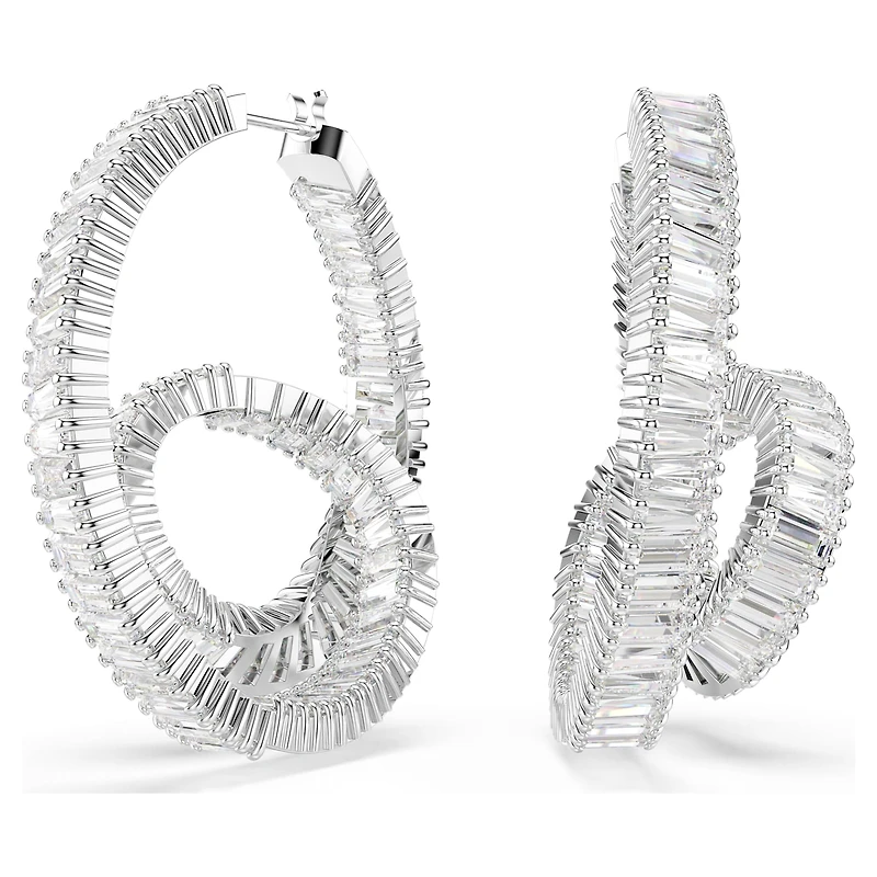 Matrix hoop earrings, Baguette cut, Ribbon, White, Rhodium plated by SWAROVSKI