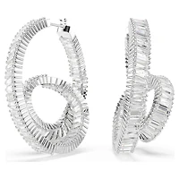 Matrix hoop earrings, Baguette cut, Ribbon, White, Rhodium plated by SWAROVSKI