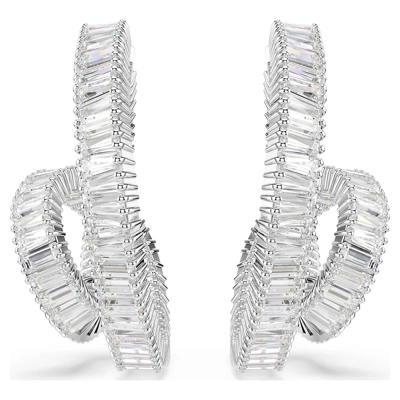 Matrix hoop earrings, Baguette cut, Ribbon, White, Rhodium plated by SWAROVSKI