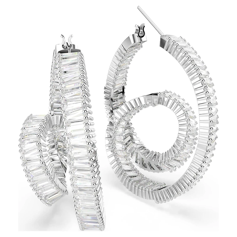 Matrix hoop earrings, Baguette cut, Ribbon, White, Rhodium plated by SWAROVSKI