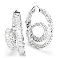 Matrix hoop earrings, Baguette cut, Ribbon, White, Rhodium plated by SWAROVSKI