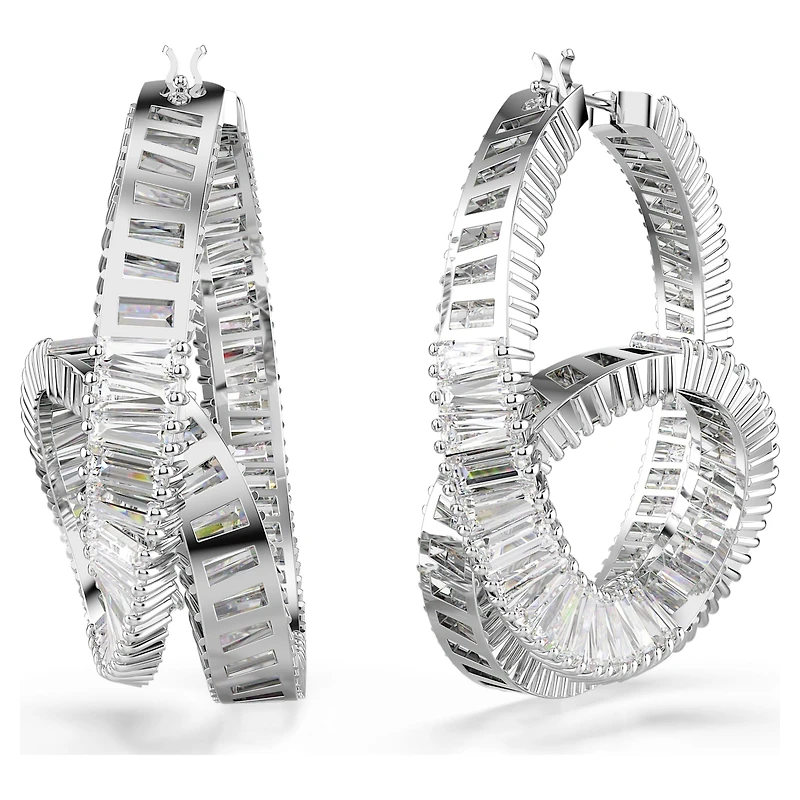 Matrix hoop earrings, Baguette cut, Ribbon, White, Rhodium plated by SWAROVSKI
