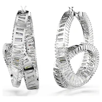Matrix hoop earrings, Baguette cut, Ribbon, White, Rhodium plated by SWAROVSKI