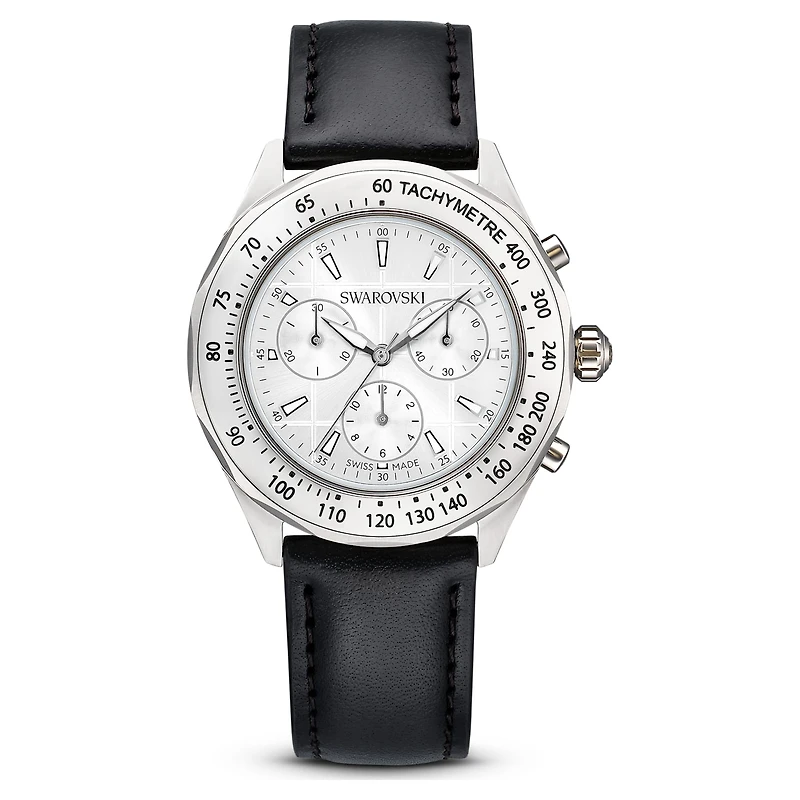 Dextera tachymetre watch, Swiss Made, Leather strap, Silver Tone, Stainless steel by SWAROVSKI