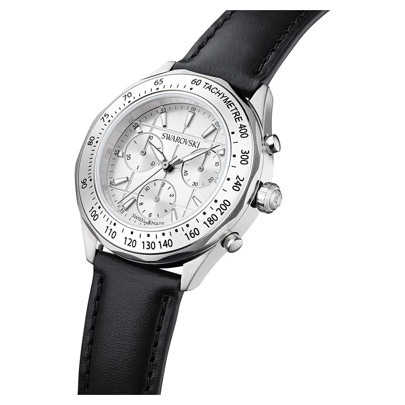 Dextera tachymetre watch, Swiss Made, Leather strap, Silver Tone, Stainless steel by SWAROVSKI