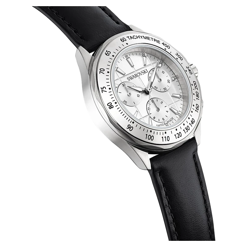 Dextera tachymetre watch, Swiss Made, Leather strap, Silver Tone, Stainless steel by SWAROVSKI