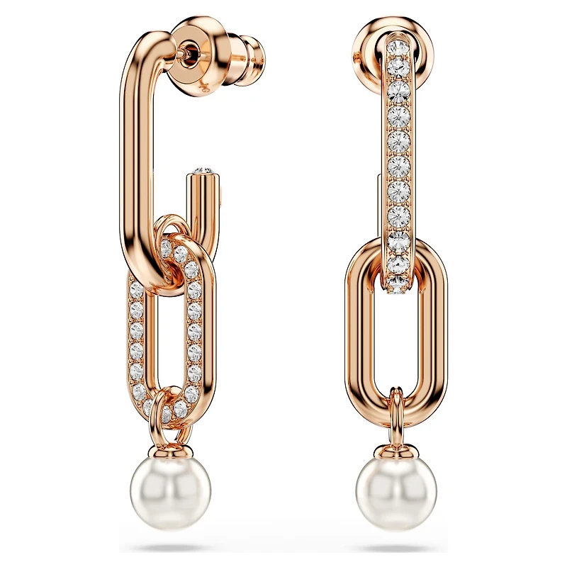 Constella drop earrings, Crystal pearl, Round cut, White, 18K rose gold finish