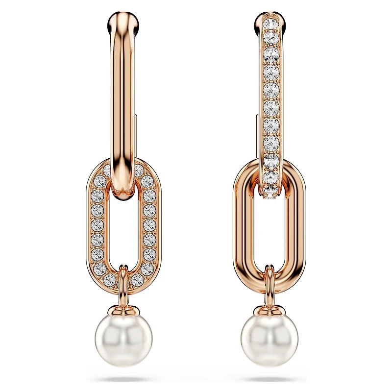 Constella drop earrings, Crystal pearl, Round cut, White, 18K rose gold finish
