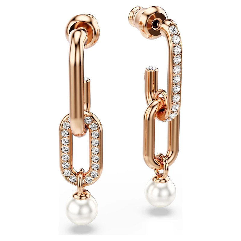 Constella drop earrings, Crystal pearl, Round cut, White, 18K rose gold finish