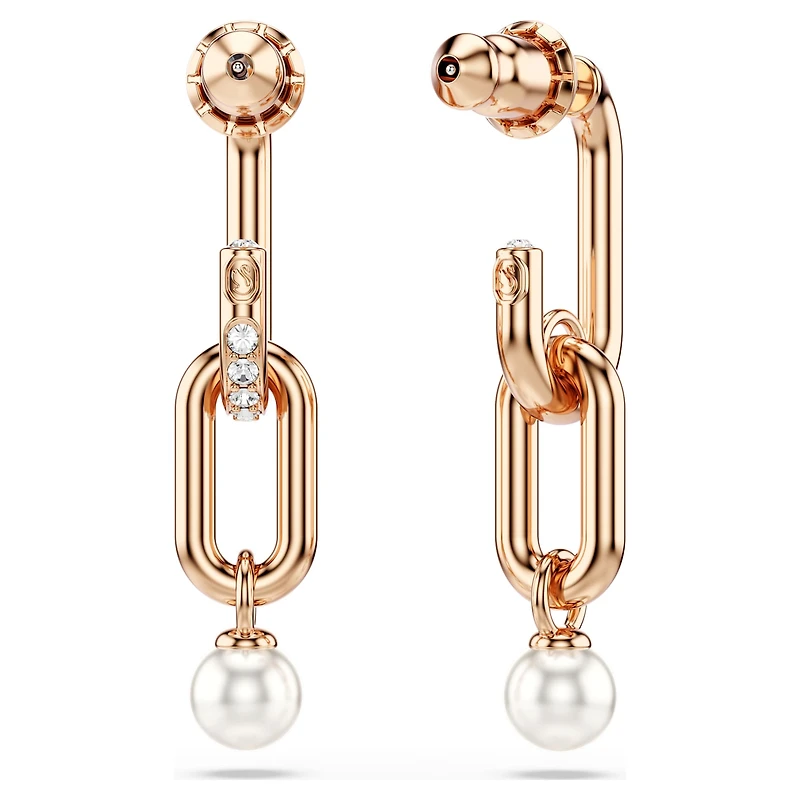 Constella drop earrings, Crystal pearl, Round cut, White, 18K rose gold finish
