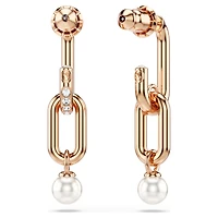 Constella drop earrings, Crystal pearl, Round cut, White, 18K rose gold finish