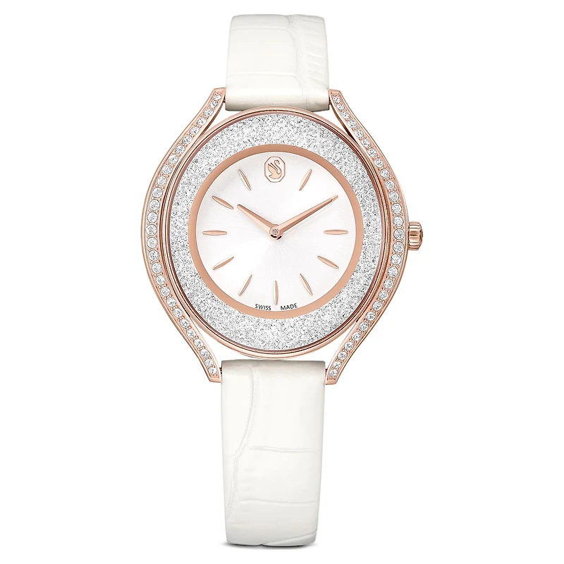 Crystalline aura watch, Swiss Made, Leather strap, White, Rose gold-tone finish by SWAROVSKI