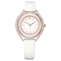 Crystalline aura watch, Swiss Made, Leather strap, White, Rose gold-tone finish by SWAROVSKI