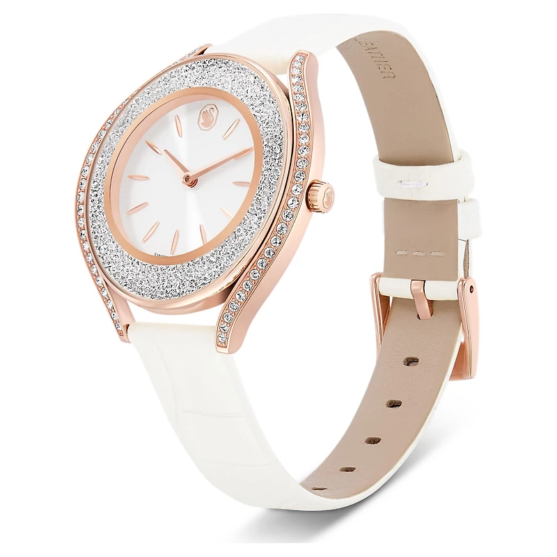 Crystalline aura watch, Swiss Made, Leather strap, White, Rose gold-tone finish by SWAROVSKI