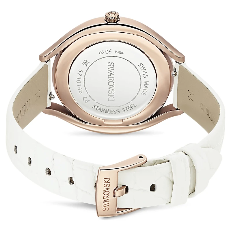 Crystalline aura watch, Swiss Made, Leather strap, White, Rose gold-tone finish by SWAROVSKI