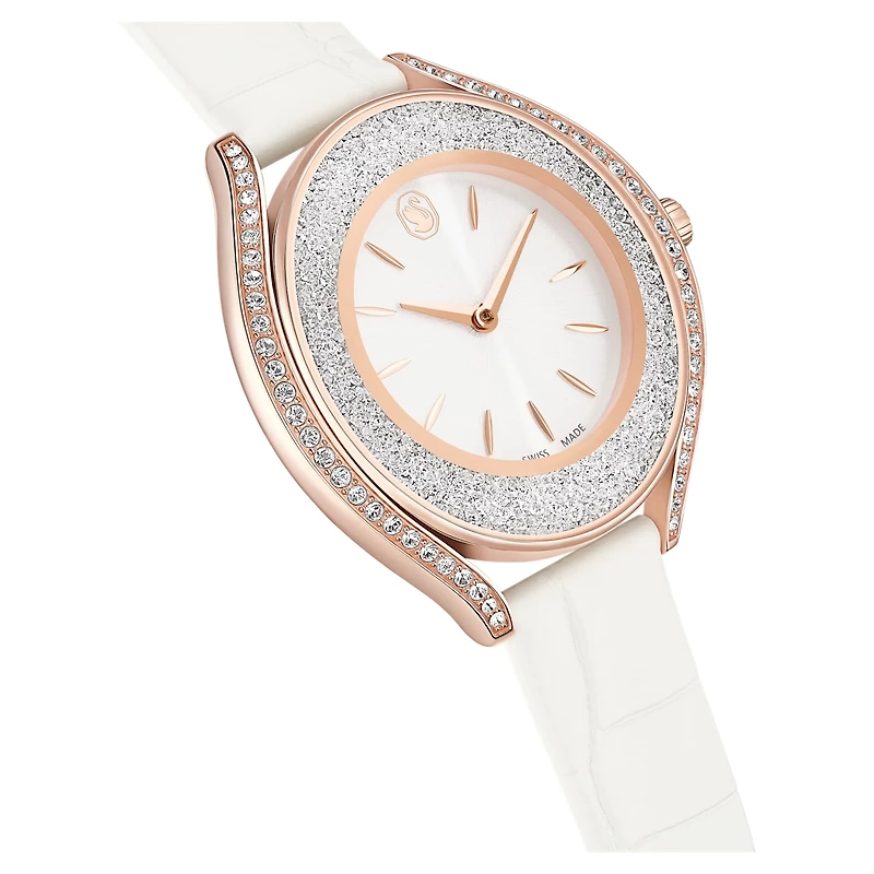 Crystalline aura watch, Swiss Made, Leather strap, White, Rose gold-tone finish by SWAROVSKI