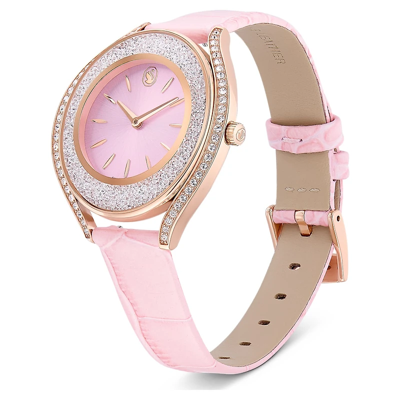 Crystalline aura watch, Swiss Made, Leather strap, Pink, Rose gold-tone finish by SWAROVSKI