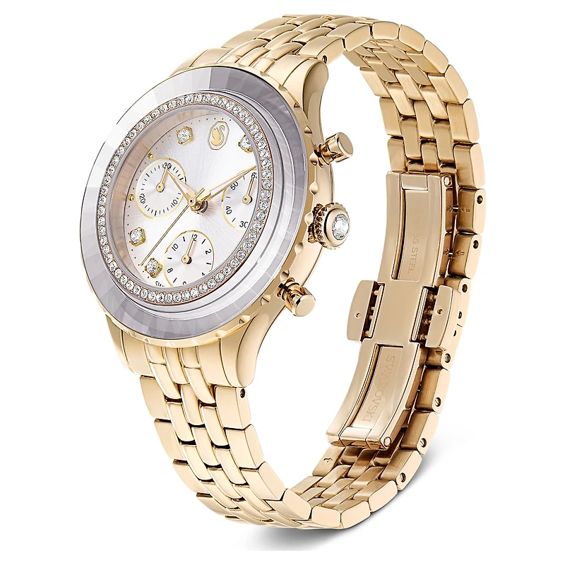 Octea chrono watch, Swiss Made, Metal bracelet, Gold tone, Champagne gold-tone finish by SWAROVSKI