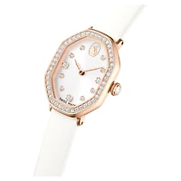Dextera octagon watch, Swiss Made, Leather strap, White, Rose gold-tone finish by SWAROVSKI
