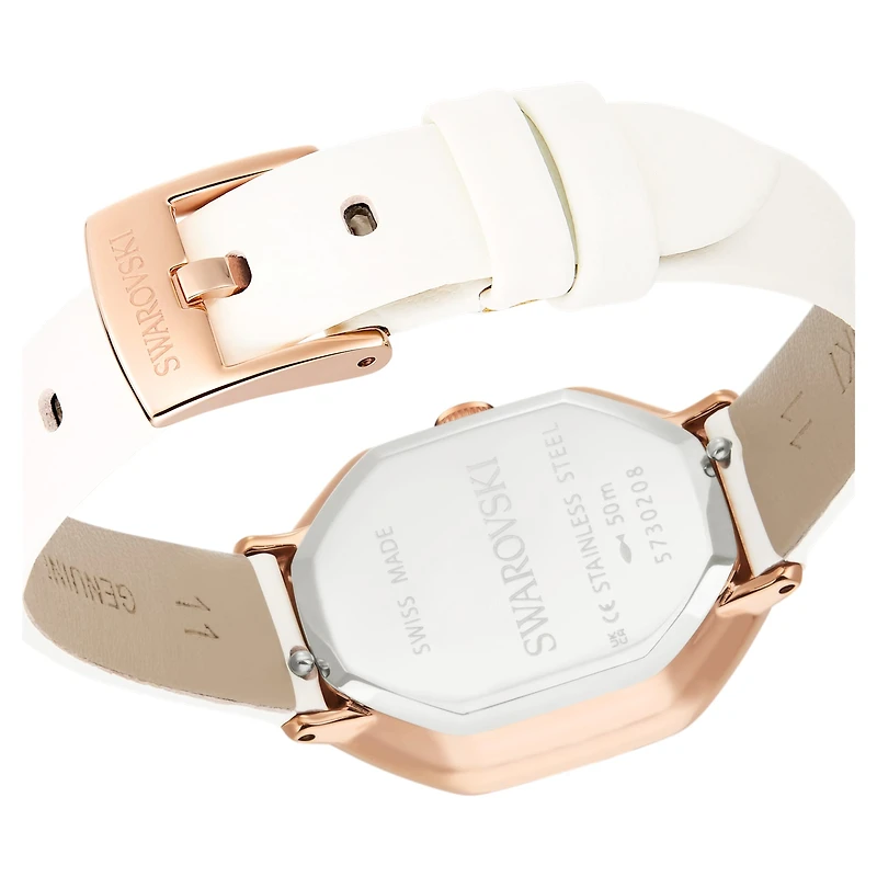 Dextera octagon watch, Swiss Made, Leather strap, White, Rose gold-tone finish by SWAROVSKI